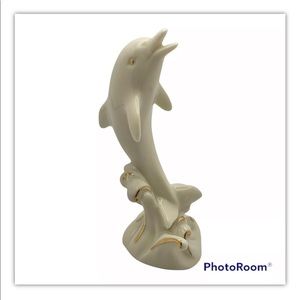 Lenox Porcelain Dolphin Figurine Swimming On Waves Ivory Colored Gold Tone Rim